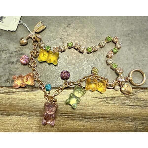 Betsey Johnson Jewelry Gold Charm Bracelet Crystal Pave Multicolor Gummy Bear